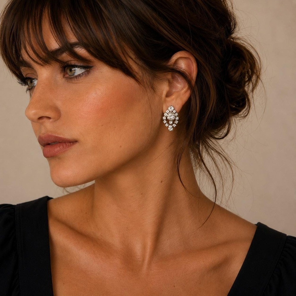 Vintage Silver Tone Clear Rhinestone Drop Screw Back Earrings Womens Jewelry‎